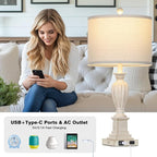 27" Farmhouse Table Lamps Set of 2 with USB C+A Ports & AC Outlet for Vintage Living Room Retro Bedroom,3-Way Dimmable Touch Lamp Resin Bedside Lamps for Nightstand Side End Table,Cream