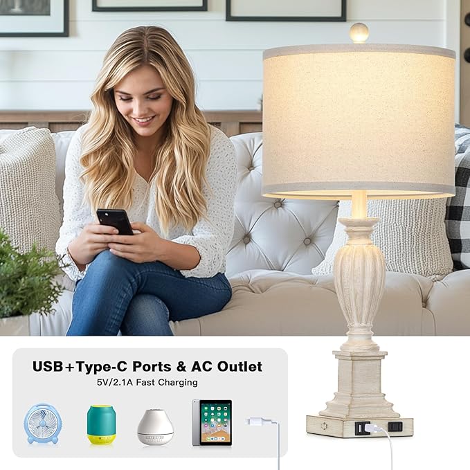 27" Farmhouse Table Lamps Set of 2 with USB C+A Ports & AC Outlet for Vintage Living Room Retro Bedroom,3-Way Dimmable Touch Lamp Resin Bedside Lamps for Nightstand Side End Table,Cream