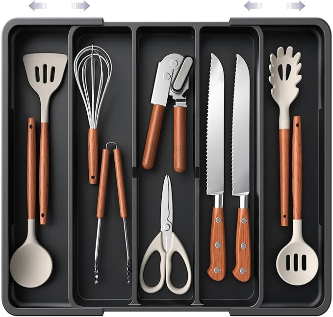 Aujen Silverware Organizer - Expandable Utensil Drawer Organizer with Non-Slip Pads, Adjustable Kitchen Drawer Organizer For Home, Apartment and Kitchen Essentials, Black, 13.6" x 1.4" x 11.0"~19.9"