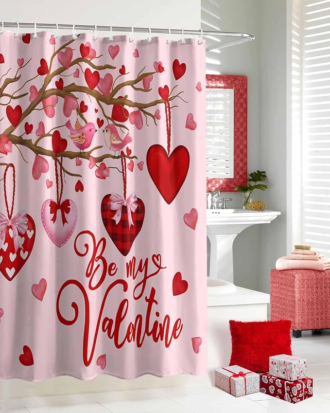 Vandarllin Pink Valentine's Day Shower Curtain, Red Love Heart Tree Shower Curtains Set with Hooks, Be My Valentine Waterproof Fabric Bathroom Curtains Decor Home Accessories, 60 X 72 Inch Long
