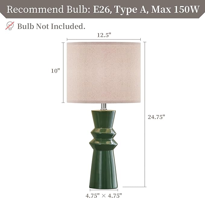 24.75" Green Ceramic Table Lamp Set of 2-3-Way Dimmable Nightstand Lamps with Pallid Shade for Bedroom Farmhouse Bedside Nightstand Bedside Lamp End Table Lamps (Dark Green)