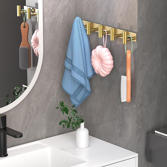 Wall Mounted Coat Rack-5 Hooks, Heavy Duty Stainless Steel Wall Hooks for Towel Coat Bag, Hat Rack Coat Hanger Coat Hooks Towel Racks for Bathroom Entryway Kitchen Hotel Office (Gold, 1 Pack)