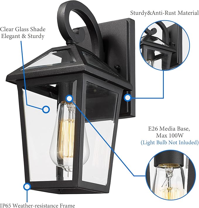Outdoor Light Fixtures Wall Mount, Waterproof Exterior Wall Lanterns with Glass, Outside Wall Sconces, Front Porch Lights for House Garage Doorway Patio (Small, 1Pack)