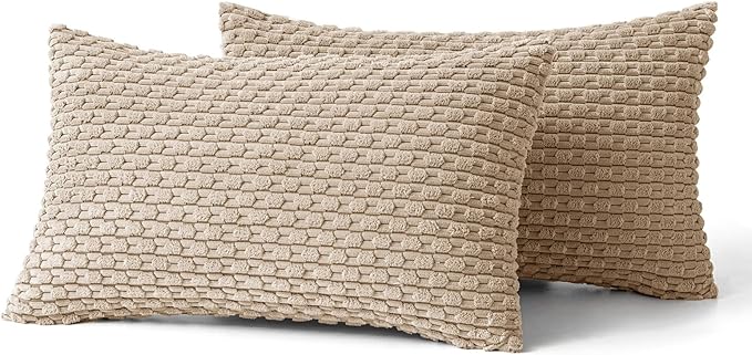 MIULEE Pack of 2 Decorative Lumbar Throw Pillow Covers 12x20 Inch Soft Boho Striped Textured Corduroy Pillow Covers Modern Farmhouse Home Decor for Couch Bed Sofa Living Room Neutral Tan