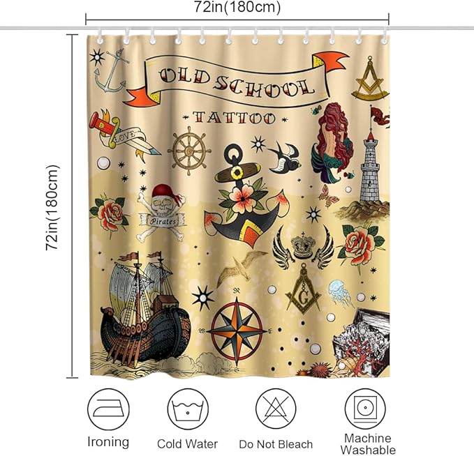 Tattoo Mermaid Skull Theme Bathroom Bathtubs Fabric Nautical Shower Curtain Cute Trendy Shower Curtain Set with 12 Hooks 72x72 inches Polyester Machine Washable, Brown and Yellow