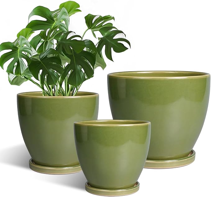 Ceramic Flower Pots - Modren Round 10 Inch 8 Inch 6 Inch Planters with Drainage Holes and Saucers, Plant Pots for Indoor Outdoor, Garden Decor, Housewarming Gifts, Set of 3, Green