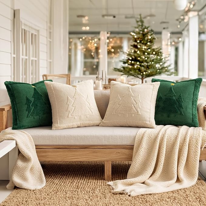 MIULEE Christmas Trees Pillow Covers Set of 2 Decorative Soft Throw Pillows Plush Faux Fur Wool Embroidered Couch Cushion for Holiday Winter Home Decor Chair Sofa Bedroom Living Room,Beige 20x20inch