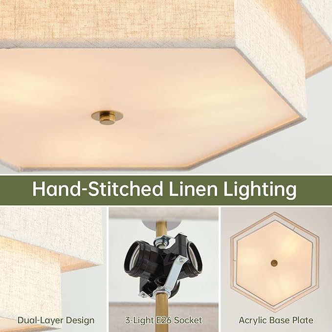 17.7" Modern Chandeliers for Dining Room, 3-Light Ceiling Pendant Light Gold Bedroom Light Fixture with 2-Layer Linen Drum Shade, Vintage Brass Chandelier for Kitchen Entryway Living Room