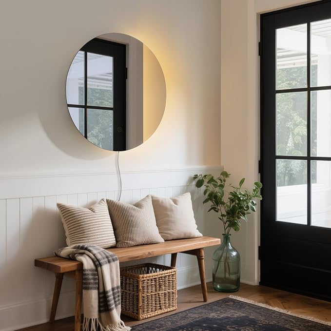 ONEWISH LED Wall Sconce, Dimmable Mirror Wall Lamp,16.93 inch Round Wall Lights for Bedroom with Memory Function, Wall Lamps for Living Room Entryway, Smoky Gray