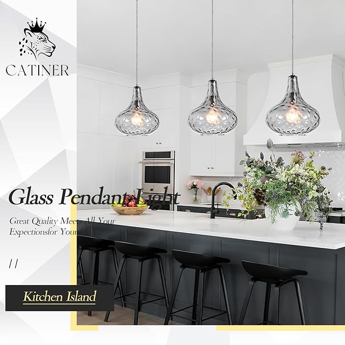 11" Smoked Hammered Glass Pendant Light – Blown Glass Ceiling Fixture with Brushed Nickel Finish, Modern Industrial Lighting for Kitchen Island, Dining Room, Hallway, Living Room