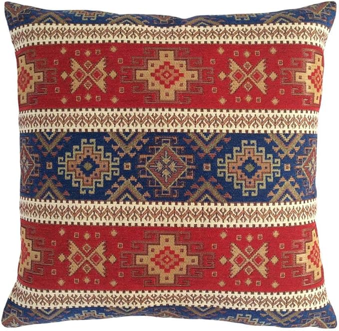 Boho Square Throw Pillow Covers Kilim Red and Blue - 18 x 18 Inches Decorative Sofa Pillows, Hippie Room Decor for Couch, Bohemian Outdoor Case for Farmhouse, Southwestern, Aztec