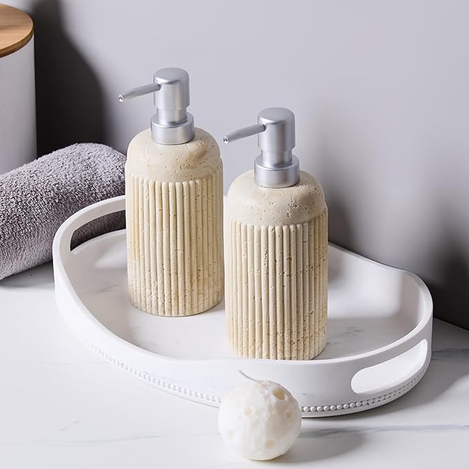2Pcs Beige Natural Travertine Textures Hand Soap Dispenser Set, Small Bathroom Countertop Resin Liquid Soap Dispensers, Kitchen Dish Wash Soap Dispensers,Refillable Dispenser with Vertical Stripe