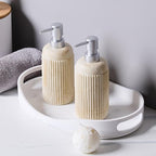 2Pcs Beige Natural Travertine Textures Hand Soap Dispenser Set, Small Bathroom Countertop Resin Liquid Soap Dispensers, Kitchen Dish Wash Soap Dispensers,Refillable Dispenser with Vertical Stripe