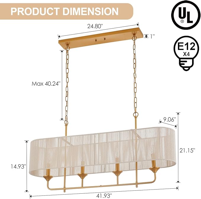 42” Boho Chandelier Brass and White Hand Woven Rattan Pendant Light Linear Large Island Light for Dining Room Kitchen Island Living Room, UL Listed