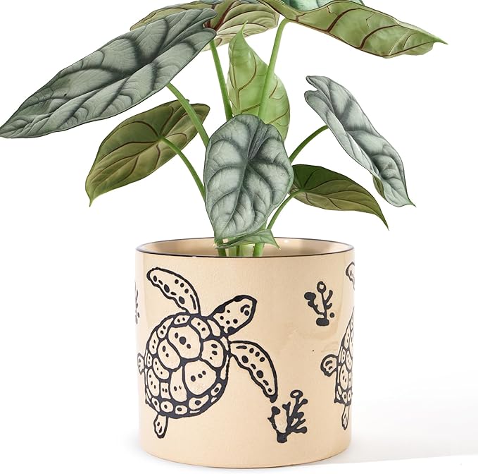 5 Inch Ceramic Plant Pots with Drainage Holes, Small Round Flower Pots for Indoor Plant, Unique Animal Flower Planters (Sea Turtle)