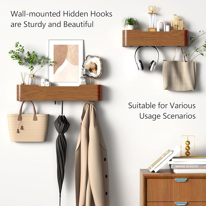 Coat Rack Wall Mount with Hidden Hooks Entryway Hanging Shelf Modern Wood Coat Hanger for Bedroom Kitchen Hallway Bathroom (Walnut, 16.6 Inch Long)