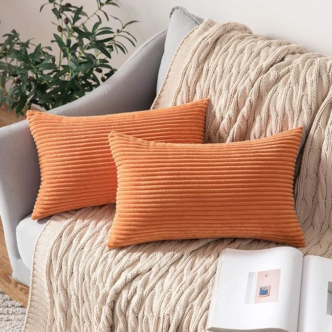 MIULEE Winter Fall Pack of 2 Orange Pillow Covers 12x20 Inch Soft Boho Striped Corduroy Throw Pillow Covers Decorative Square Cushion Cases Pillowcases for Sofa Bedroom Couch Home Decor.