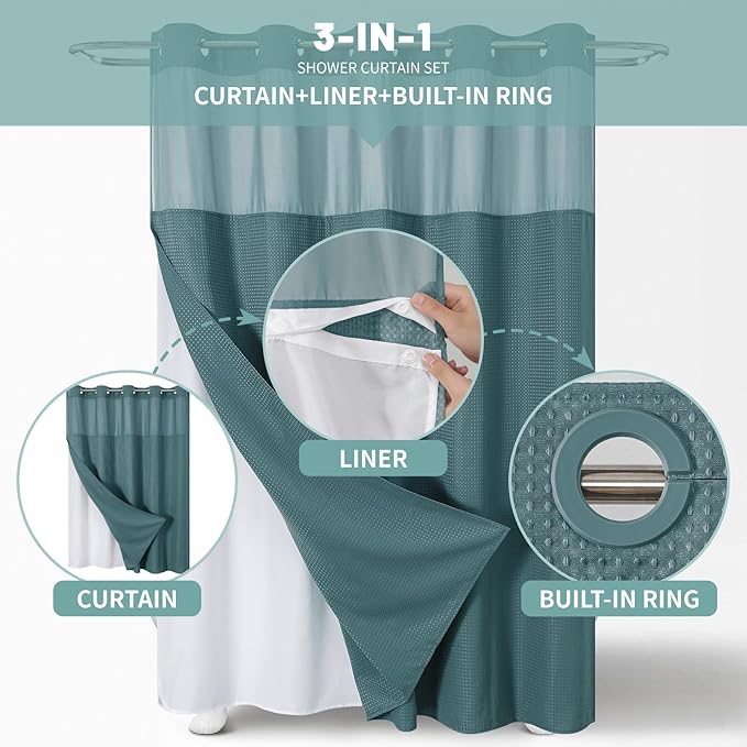 SeawedGreen No Hook Waffle Weave Shower Curtain with snap-in Liner Replacement, 230GSM Waterproof Fabric Hotel Shower Curtain Set for Bathroom, Through Mesh Top Window,71Wx74H
