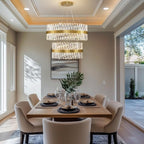 Modern Crystal Chandeliers, Double Tier 32"+24" Large High Ceiling Chandelier. Elegant Crystal Chandelier Hangs from The Ceiling of The Living Room, Stairwell, and Foyer.