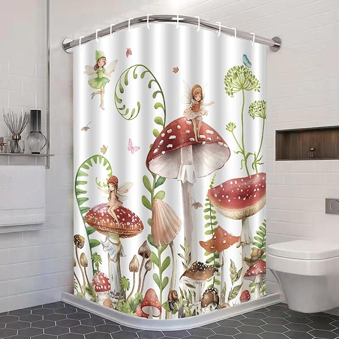 Mushroom Shower Curtain Green Plant Leaves Butterfly Fairy Girls Shower Curtains for Bathroom Waterproof Polyester Fabric Bathroom Curtain 72 x 72 Inch with 12 Plastic Hooks
