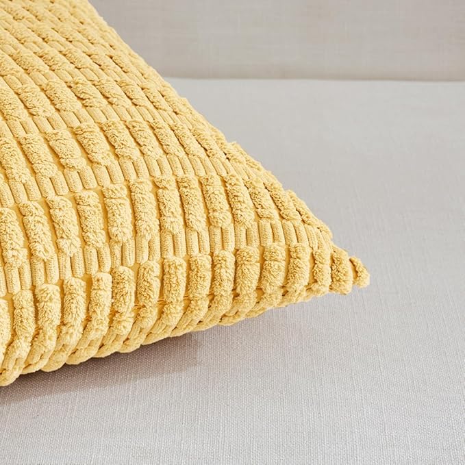 Fancy Homi 1 Pack Boho Yellow Spring Decorative Throw Pillow Covers 22x22 Inch for Couch Bed Sofa, Rustic Modern Farmhouse Home Decor, Soft Plush Corduroy Cute Square Cushion Case 55x55 cm