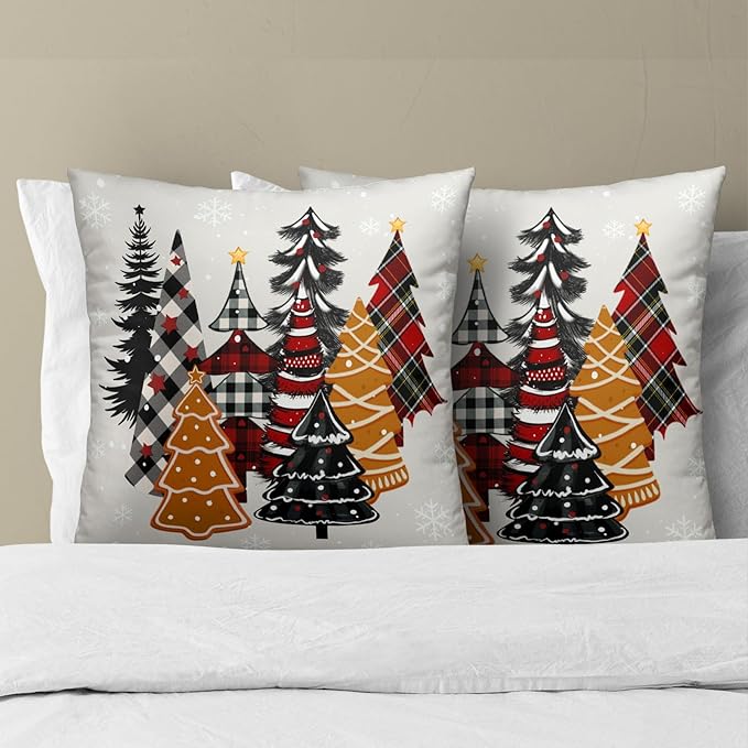 Christmas Trees Pillow Covers 20x20 Inch, Gingerbread Black Red Plaid Xmas Tree Decorative Pillowcases Double Sides Printed Square Cushion Cover for Couch Sofa Home Decor Set of 2