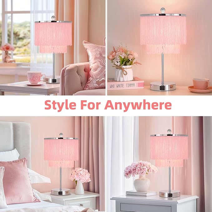 Pink Lamp for Girls Room, 3-Way Dimmable Touch Lamps with USB Port, Girls Lamp with Tassel Lampshade, Pink Table Lamp for Bedroom, Living Room, Dresser, Nightstand, LED Bulb Included
