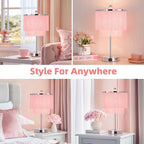 Pink Lamp for Girls Room, 3-Way Dimmable Touch Lamps with USB Port, Girls Lamp with Tassel Lampshade, Pink Table Lamp for Bedroom, Living Room, Dresser, Nightstand, LED Bulb Included