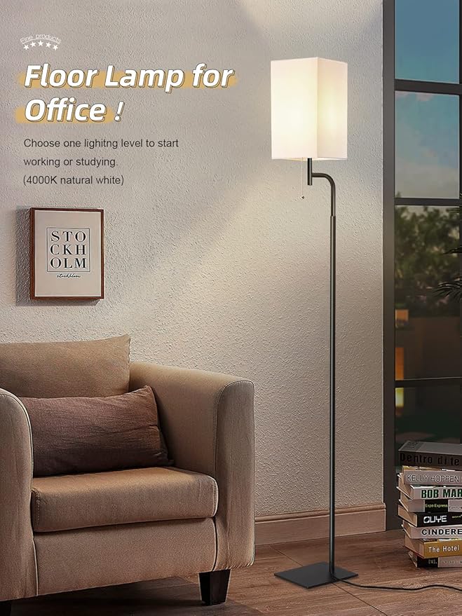 Floor Lamps for Living Room with 3 Color Temperatures, Modern Standing Tall Lamp for Bedroom, Square Linen Shade, Minimalist Pole Lamp for Office Kids Room Working Reading