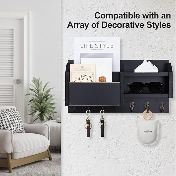 Mail and Key Holder – Wall Mount Key Hanger with Shelf and 7 Metal Hooks – Decorative Natural Paulownia Wood Entryway Organizer with Mounting Hardware (16.5”W x 8.7”H x 3.5”D) (Black)