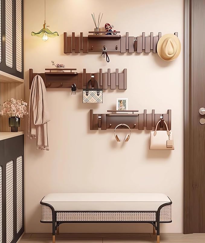 Wall Mounted Piano Key Hanger | Flip Style Hook | Entrance Wall Art Hook, Made of Oak Wood (3 Times Painted, 4 Times Polished) (Fence Walnut, 10Hooks)