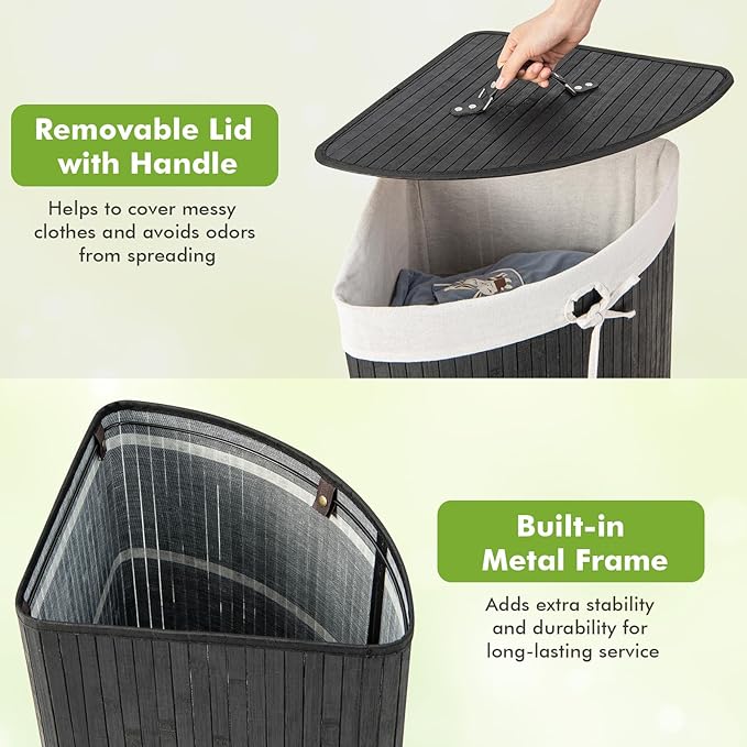 Giantex Corner Laundry Hamper with Lid, 58 L Bamboo Laundry Basket with Removable Liner & Handle, Triangle Clothes Hamper for Small Spaces, Bedroom, Bathroom, Laundry & Living Room (Black)