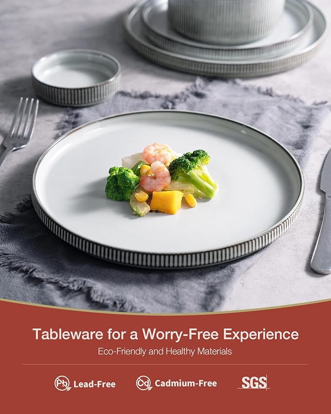 Famiware Star Dinnerware Set with Pasta Bowls, Service for 4 (16pcs), Ribbed Stoneware Plates and Bowls Dishes Sets - Chip & Scratch Resistant, Microwave & Dishwasher Safe, Smoky Blue
