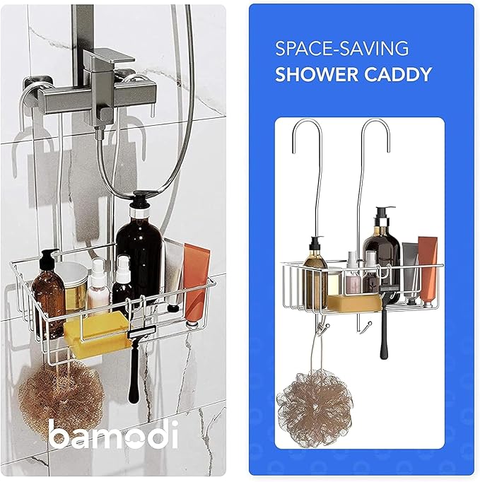 Bamodi Shower Caddy Hanging Stainless Steel | Rustproof Hanging Basket with Hooks-Shower Shelf Bathroom Accessory with Silicone Sleeves and Rubber Rings for Noise Cancelling (15.7x 9.8x 5 Inches)
