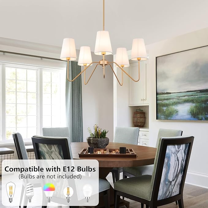 Brass Gold Chandeliers for Dining Room, 5-Light Modern Pendant Light Fixture Over Table with White Shade Farmhouse Lighting Fixtures for Living Room Bedroom Hallway Height Adjustable