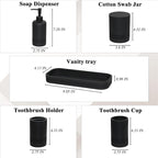 6-Piece Bathroom Accessories Set, Organizer Set with Soap Dispenser, Toothbrush Holder Set, Vanity Tray, Tumbler & 2 Cotton Swab Jars – Modern Stylish Bathroom Storage(Matte Black)