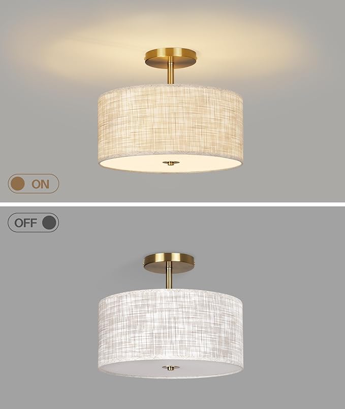 13" Semi Flush Mount Ceiling Light Fixture, Modern Drum Ceiling Light with Textured Linen Fabric Shade and Gold Base, 3-Light Farmhouse Lighting for Bedroom, Kitchen, Entryway, Living Room