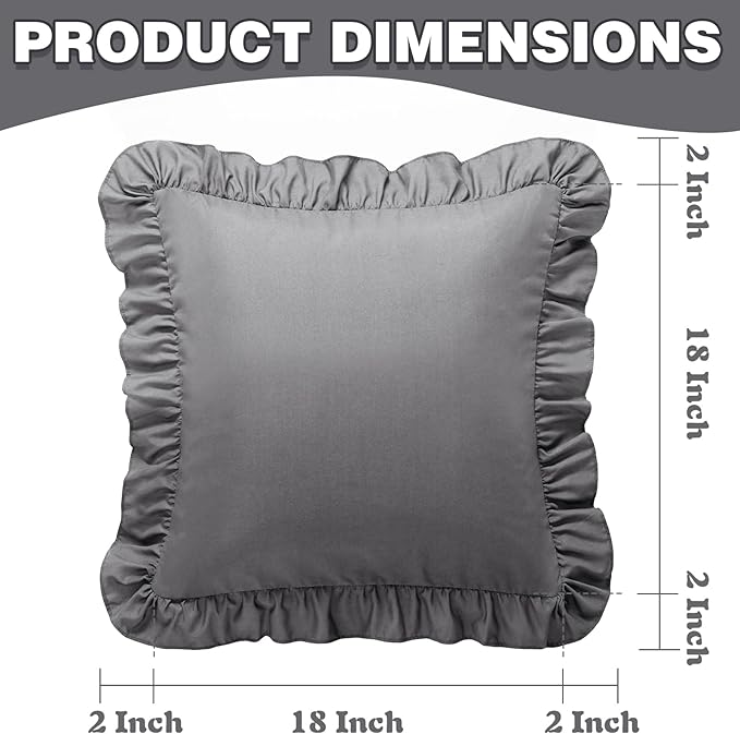 KKJIAF Ruffle Pillow Cases 18x18 Inches, Grey Square Ruffled Pillow Covers Set of 2, Microfiber Wrinkle Resistant Pillow Shams with Envelope Closure for Sofa Bed Living Room