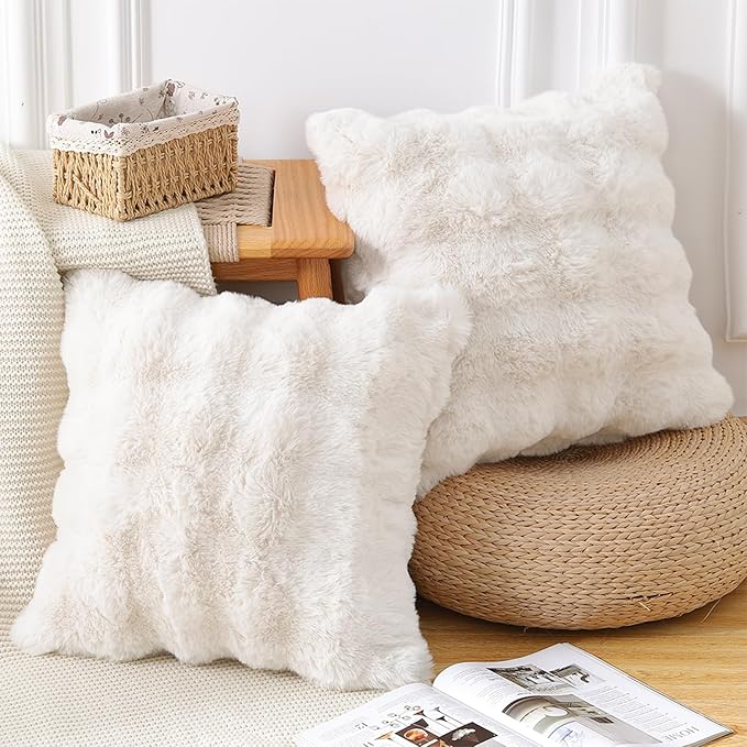 MADIZZ Pack of 2 Thick Plush Wool Throw Pillow Covers 22x22 Inch Cream Soft Neutral Decorative Throw Pillows Accent Boho Cushion Covers for Couch Sofa Bedroom Pillow Shell