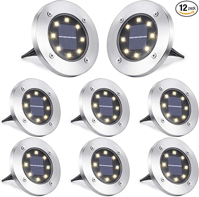 LYHOPE Solar Ground Lights Outdoor, 8 Pack 8 LED Solar Disk Lights Waterproof Garden In-ground Pathway Light Landscape Lighting for Lawn,Yard,Deck,Patio,Walkway (Warm White)
