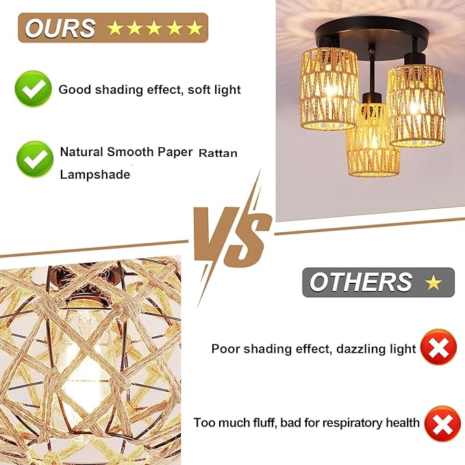 Boho Rattan Ceiling Light Fixture, Mini Rattan Chandelier Lighting Fixture, Hand Woven Ceiling Light Fixtures for Hallway Bedroom Kitchen Entryway Living Room (Brown)