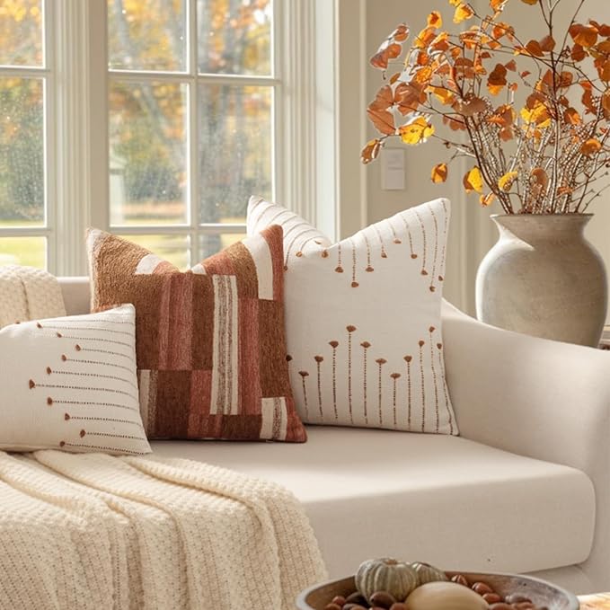 YCOLL Boho Throw Pillow Covers 20x20 Set of 2 Neutral Woven Decorative Pillowcases Cotton Tufted Couch Pillows Modern Farmhouse Accent Cushion Covers for Sofa Couch Bed Living Room Home Decor, Brown