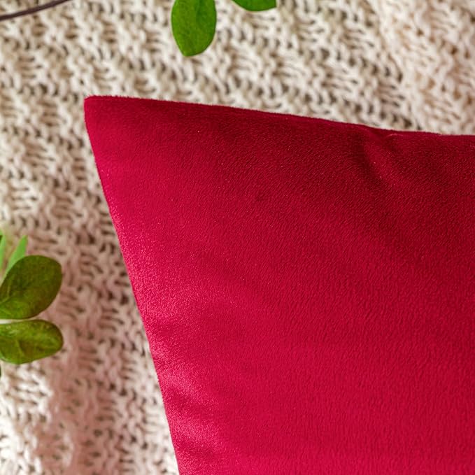 EMEMA Pack of 2 Velvet Christmas Throw Pillow Covers Decorative Square Pillowcase Soft Solid Cushion Case for Sofa Bedroom Car 16x16 Inch Red