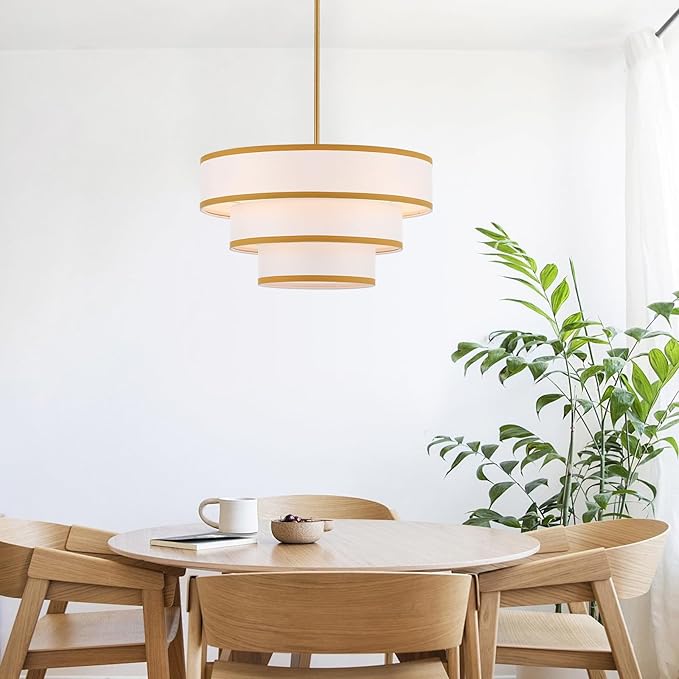 19.7" Gold Drum Chandelier with White Fabric Lampshade 3-Tier Modern Farmhouse Chandelier Light Fixture for Dining Room, Kitchen Island, Foyer, Entryway Bedroom
