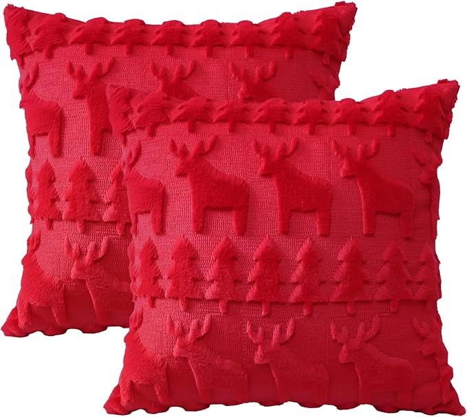 OTOSTAR Set of 2 Xmas Soft Plush Short Wool Velvet Decorative Throw Pillow Covers Square Luxury Style Cushion Case Pillow Shell for Sofa Bedroom Christmas Tree and Elk Red, 18x18 Inch