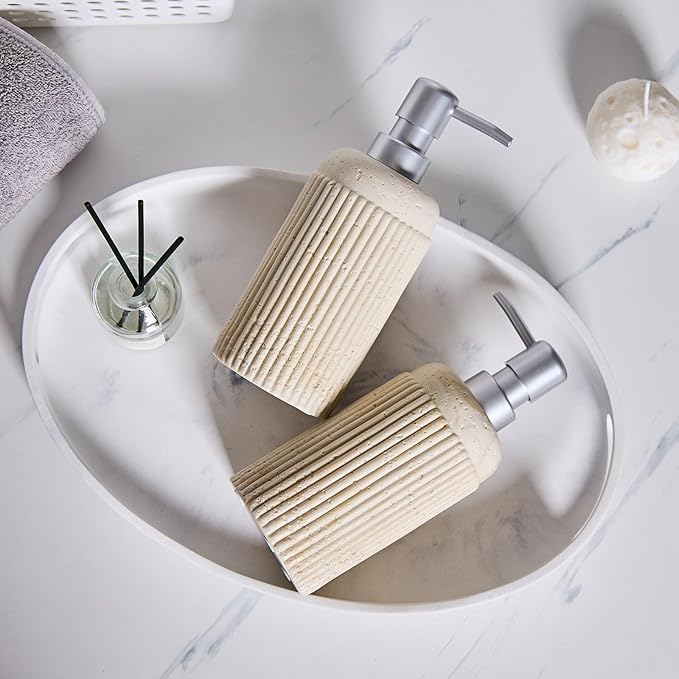 2Pcs Beige Natural Travertine Textures Hand Soap Dispenser Set, Small Bathroom Countertop Resin Liquid Soap Dispensers, Kitchen Dish Wash Soap Dispensers,Refillable Dispenser with Vertical Stripe