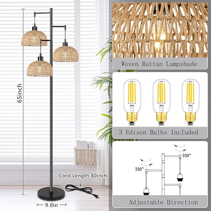 Floor Lamp for Living Room,Bedroom,3-Lights Boho Rattan Floor Lamps,Tree Farmhouse Industrial Black Standing Lamp Wicker Rustic Tall Lamp,Woven Bamboo LampShade Floor Light Bohemian