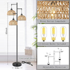 Floor Lamp for Living Room,Bedroom,3-Lights Boho Rattan Floor Lamps,Tree Farmhouse Industrial Black Standing Lamp Wicker Rustic Tall Lamp,Woven Bamboo LampShade Floor Light Bohemian