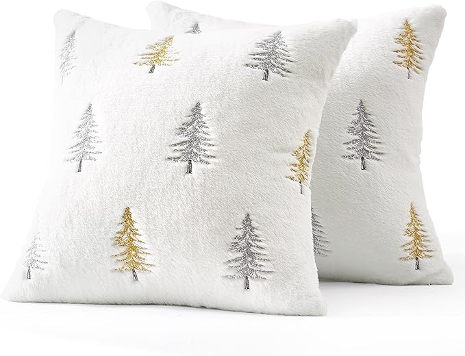MIULEE Christmas Decorative Pillow Covers Set of 2 Faux Fur Throw Pillows with Embroidered Christmas Tree 18x18 Inch White Gold Winter Couch Covers for Festival Sofa Bedroom Living Room Home Decor