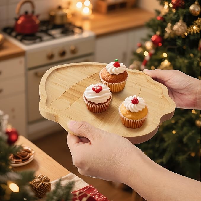 TJ POP Christmas Bamboo Serving Platter - Santa Face Decorative Tray Candy Snack Board, Natural Wooden Serving Tray Cute Charcuterie Board for Cheese, Cookies, Fruits & Holiday Party (10” x 9”)